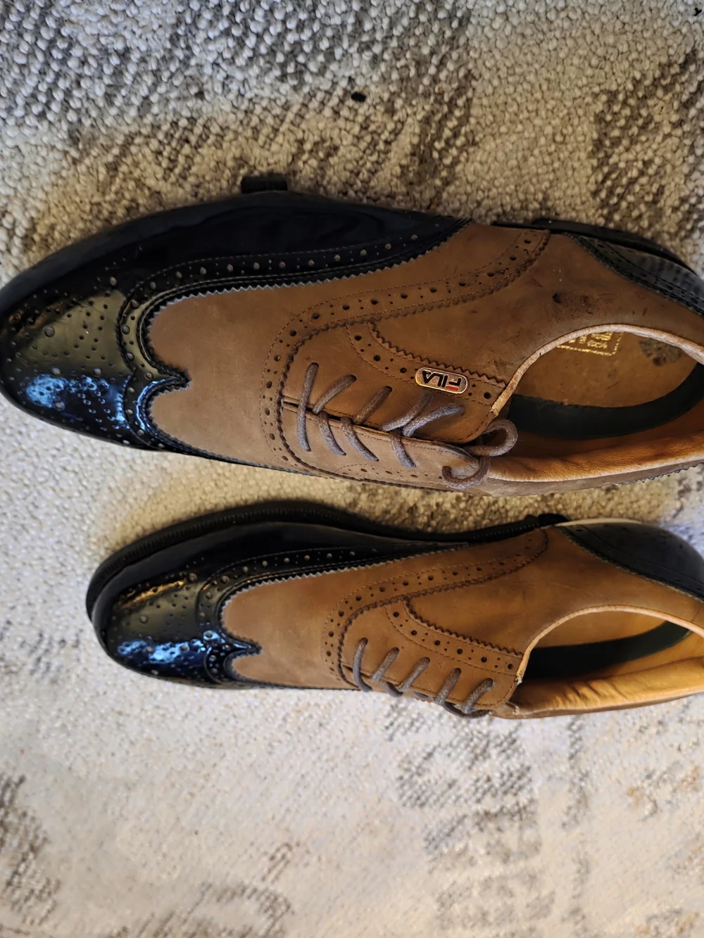 FILA Two-Tone Brown Suede and Black Patent Wingtip Oxford Golf Shoes